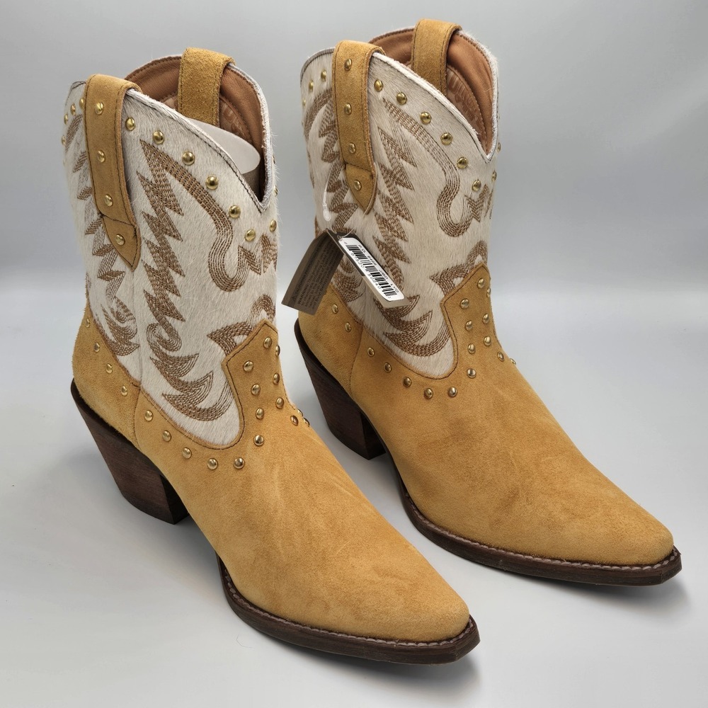 New Dingo Women's Yellow‎ White Rodeo Queen DI2222 Suede Hair Western Boots 7.5M